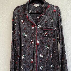 Laura Ashley Womens Size‎ Large Christmas Dog Holiday Pajama Top Grey Button Up